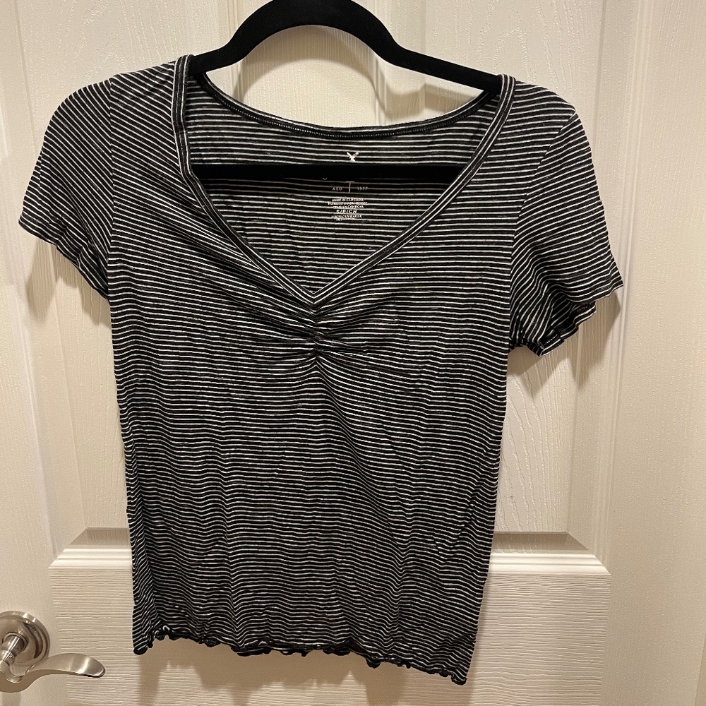 American Eagle, Striped Black and White T-Shirt, Size Small